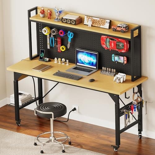 DWVO 60" Adjustable Workbench with Pegboard, Heavy Duty Wood Top Work Bench with Wheels, 1600 LBS Load Capacity, Rolling Work Table with AC/USB Outlet, Hooks, Rack for Garage, Workshop, Office, Home 7