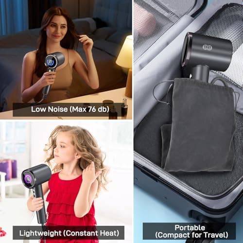 CIICII Negative Ionic Hair Dryer Professional, 120000RPM High Speed Blow Dryer (1600W Brushless/ 3-Speed/ 4-Temp & HD Display & Portable Bag) Fast Drying Hairdryer for Home, Travel & Salon (Black) 6