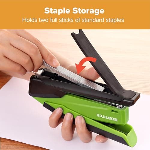 Bostitch Office InPower Spring-Powered Desktop Stapler, 20 Sheet Capacity, One Finger Stapling, Includes 210 Staples, Jam Free, Opens for Tacking, Green 5