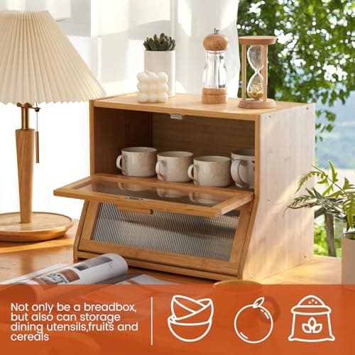 GHWIE Double Layer Bamboo Bread Box for Kitchen Counter,Large Capacity Bread Storage Bin,Bread Container with Acrylic Wavy Door Panel (Natural, Medium) 5