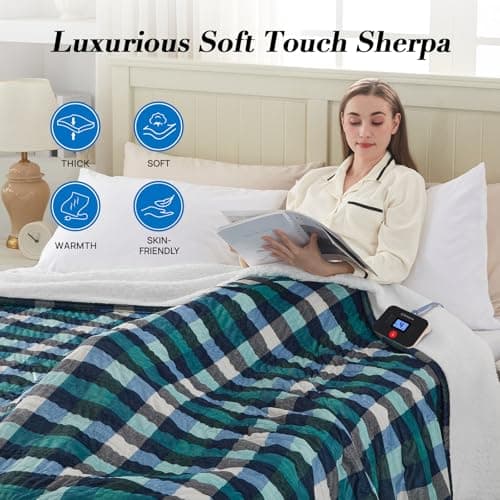 Westinghouse Electric Blanket Heated Blanket, Plaid Sherpa Heating Blanket, 10 Heating Levels & 1 to 12 Hours Heating Time Settings, Green Plaid, 62"x84" Twin Size 8