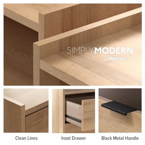 Prepac Simply Modern 6-Drawer Double Dresser for Bedroom, Chest of Drawers, Modern Bedroom Furniture, 52.5” Wide x 16” deep x 29.5” Tall, Oak 6