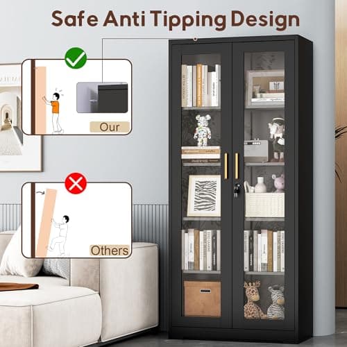 UNICOLY Lockable Display Cabinet with Glass Doors, Curio Cabinets with 4 Adjustable Shelves, Liquor Bookcase Bookshelf with Doors, Metal Storage Cabinet for Living Room Pantry, Black 6