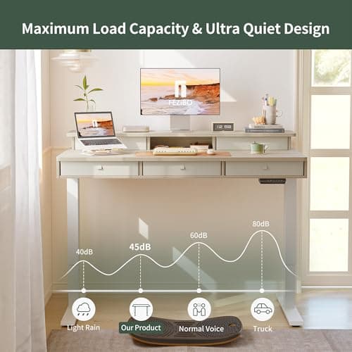 FEZIBO Height Adjustable Electric Standing Desk with 5 Drawers, 55 x 24 Inch Table with Storage Shelf, Sit Stand Desk White Frame/Light Walnut Top, 55 inch 7