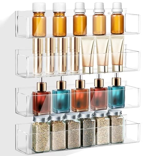 GTJ Acrylic Shelves, 4-Pack Spice Rack Wall Mount, Clear Book Shelves for Wall, Spice Organization, Vinyl Wall Mount, Cabinet, Pantry Door, Kitchen, Bedroom, Self-Adhesive and Drilling
