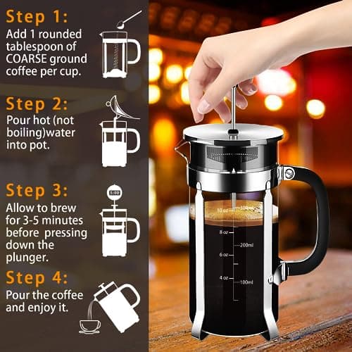 YMMIND French Press Coffee Maker 304 Stainless Steel Coffee Press,with 4 Filters System, Heat Resistant Thickness Borosilicate French Press Glass, BPA-Free Brewed Tea Pot Coffee Plunger(Copper 12oz) 5