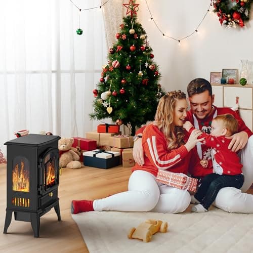 22" Electric Fireplace Heater,Freestanding Fireplace Stove with Realistic Flames,1000/1500W Fireplace Heater with Overheating Protection,Adjustable Flame Brightness(Black) 7