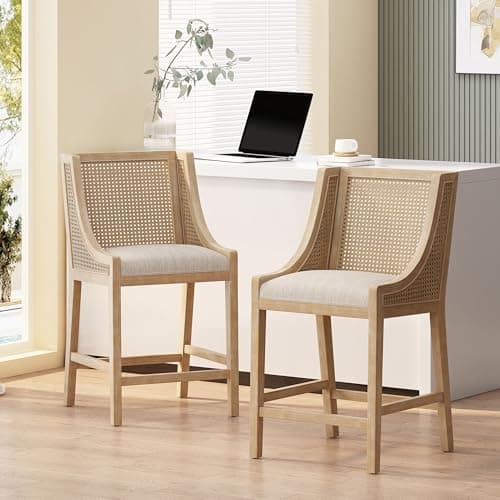 Merax 25.5" Fabric Upholstered Wood and Cane Counter Stools with Backrest,Set of 2,French Country Barstools
