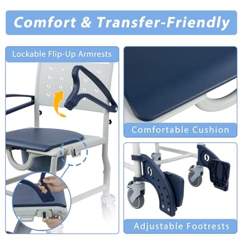 Soaids 4-in-1 Rolling Shower Chair with Wheels for Elderly & Disabled Adults, Padded Toilet Chair, Bedside Commode, Transport Wheelchair with Locking Caster for Bathroom, Home Care (Navy Blue) 5