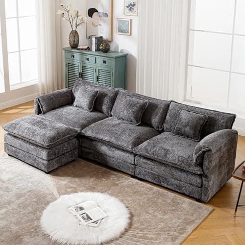 GNIXUU 112" Oversized Sectional Sofa Cloud Couch for Living Room, Modern Chenille L Shaped Couch, Comfy Boucle Modular Sofa Sleeper with Moveable Ottoman & Memory Foam(Gray)