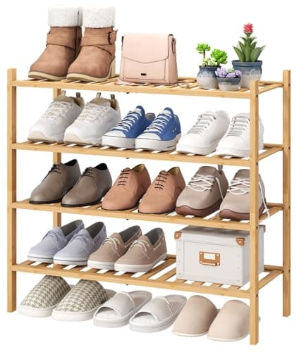 viewcare 4-Tier Bamboo Shoe Rack for Entryway, Stackable | Foldable | Natural, Shoe Organizer for Hallway Closet, Free Standing Shoe Racks for Indoor Outdoor