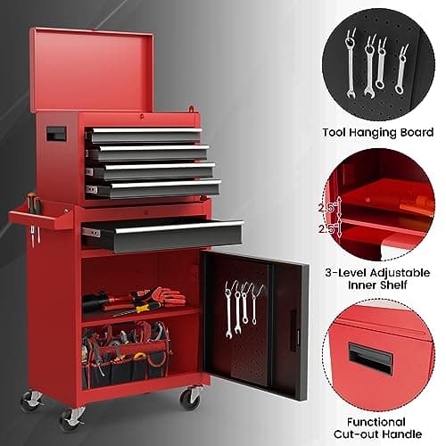 Goplus Rolling Tool Chest, 5-Drawer Tool Box Organizer w/Lockable Wheels & Sliding Drawers & Detachable Top & Adjustable Shelf, Tool Storage Cabinet for Garage Workshop (Red+Black) 7