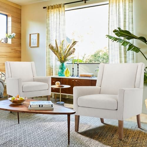 COLAMY Modern Wingback Living Room Chair, Upholstered Fabric Accent Armchair, Single Sofa Chair with Lounge Seat and Wood Legs for Office/Bedroom/Reading Spaces, Beige 6
