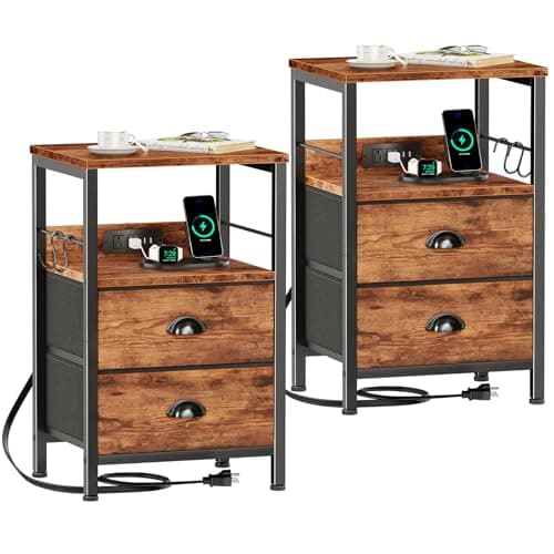 Furologee Nightstand Set of 2, Rustic Brown, with Charging Station and USB Ports, Side Tables with 2 Fabric Drawers, Bedside Tables with Storage Shelf & Hooks, for Living Room/Bedroom
