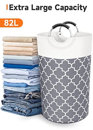Fabspace Large Laundry Basket Laundry Hamper Bag Washing Bin Clothes Bag Collapsible Tall with Handles Waterproof Travel Bathroom College Essentials Storage for College Dorm, Family (Grey) 82L 5