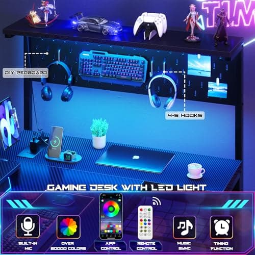 Homieasy Small Gaming Desk with Power Outlets Pegboard LED Light, 43 Inch L Shaped Computer Desk with Monitor Stand Storage Shelves, Reversible Corner Desk with Headset Hooks, Carbon Fiber Black 6
