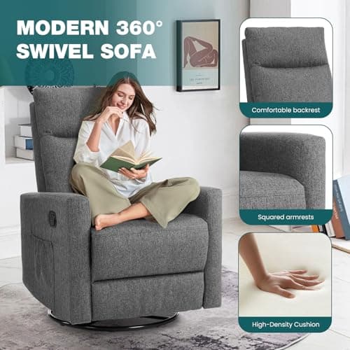 Smug Swivel Rocking Recliner Chair with Extra Large Footrest High Back, Upholstered Glider Nursery Chair for Living Room, Bedroom & Nursery, Comfortable Deep Seat for Relaxation, Grey 5