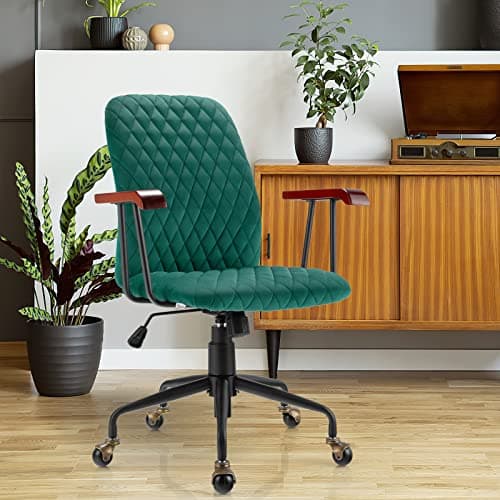 Giantex Home Office Desk Chair Green, Vintage Adjustable Swivel Rolling Chair with Copper Wheels & Armrest, Mid Century Leisure Chair, Velvet Upholstered Computer Chair for Work, Study 9