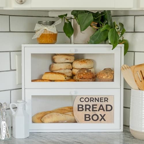 BakedBin Corner Bread Box for Kitchen Countertop - New 2026 Airtight Design - Extra Large, Double Layer White Breadbox, Vintage Storage for Homemade Bread, Under Cabinet Organizer