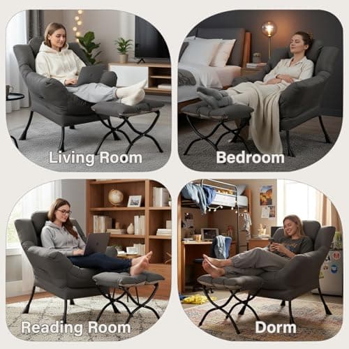 MBOOYOME Lazy Chair with Ottoman, Modern Accent Lounge Armchair with Armrests and a Side Pocket & Foldable Footstool, Leisure Reading Chair for Living Room, Bedroom, Dorm & Office, Dark Grey 9