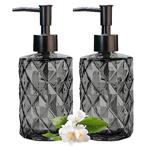 2 Pcs Glass Soap Dispenser Set for Bathroom, 11oz. Glass Soap Bottles with Plastic Pump, Kitchen Dish Soap Dispenser Set, Hand-Pump Dispenser for Liquid Hand Soap, Lotion, Essential Oil (Black)