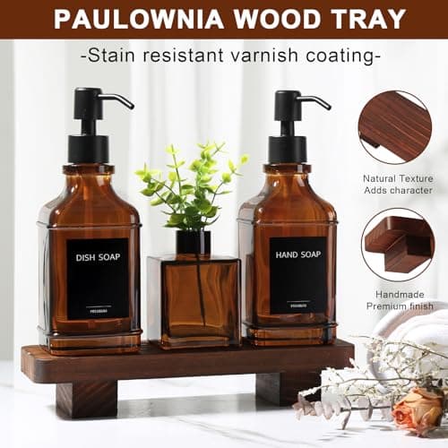 Modern Kitchen Soap Dispenser Set with Wood Tray, Amber Glass Soap Dispensers with Pump, Decorative Hand and Dish Soap Dispenser Set, Soap and Lotion Dispenser Upgrade for Kitchen and Bathroom Decor 5
