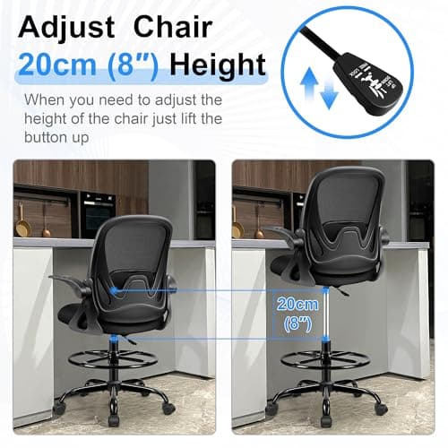 Drafting Chair Tall Office Chair with Flip-up Armrests, Adjustable Height, and Enhanced Lumbar Support - Ergonomic Rolling Stool, Back Support, and Adjustable Foot Rest Ring for Standing Desk Black 6