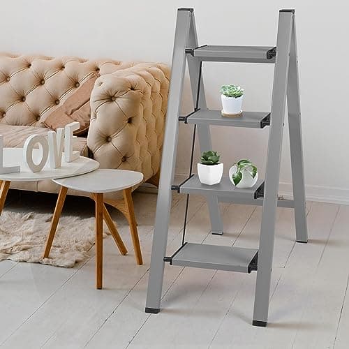 4 Step Ladder Lightweight Folding Step Stool, Aluminum Portable Lightweight Ladder for Home and Office Use, Anti-Slip Pedal 330 Lbs Capacity Household Stepladder(Gray) 5