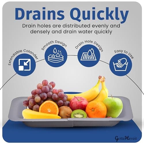 GottaHaveit Over The Sink Colander for Kitchen - Collapsible Strainer Basket, for Fruit and Vegetable Wash, Drain Pasta, Dry Dishes. (7.9” W, x 14-19.3” L, x 2.75” H) Gray 6