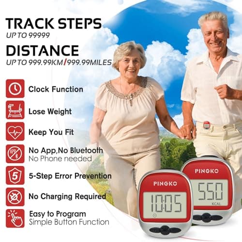 PINGKO Best Pedometer for Walking Accurately Track Steps Multi-Function Portable Sport Pedometers Step/Distance/Calories/Counter - Red… 3