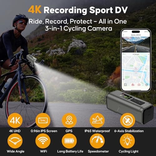 Action Camera 4K 30fps with GPS Tracker, Wireless Bike Camera, Cycling Speedometer/Odometer, Free 64G Card, Anti-Shake Sport DV, IP65 Waterproof, Bicycle Light, Cycling Computer with APP Support, Grey 9