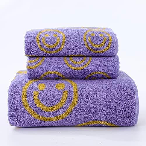 IDORESPELL Luxury Purple Yellow Cute Smiling Face Bath Towel Sets for Bathroom, 1 Bath Towels 2 Hand Towels Washcloths, 100% Cotton Ultra Soft Highly Absorbent for Women Kids Girl Boy Face Body 8