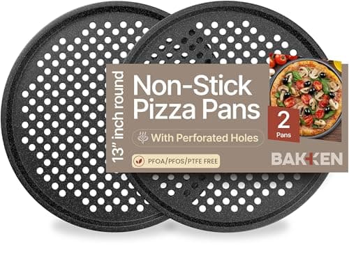Bakken Pizza Baking Pan - Round Perforated Carbon Steel Pan with Non-Stick Marble Coating, Oversized Silicone Handle, Dishwasher Safe, High-Temperature Resistant, Durable & Easy Cleanup Gray, 2 Pack