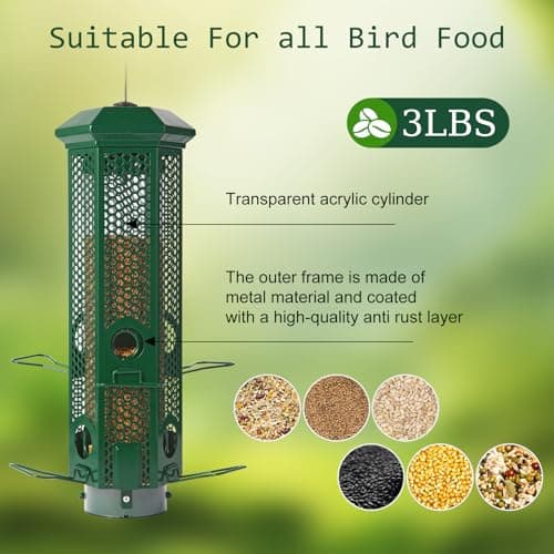 Squirrel Proof Bird Feeders with Removable Base, Metal Wild Bird Feeder for Outdoors Hanging, 6 Weight-Activated Ports Perches, 3LB Seed Capacity(Green) 6