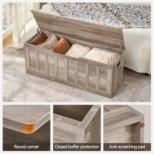 VANKILEY 47.2" Storage Chest Extra Large,Storage Trunk with 2 Safety Hinges,Wooden Storage Bench,Shoe Bench,47.2x15.7x19.1 Inch,Easy Assembly,Storage Bench for Bedroom,Living Room,entryway(Greige). 6