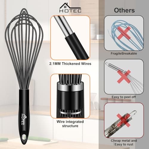 HOTEC 4 Pieces Silicone Whisks Set, Wire Balloon Whisks Egg Beater, Non-slip Handle Whisk for Non-stick Cookware Perfect for Cooking, Stirring, Beating and Blending (Black) 5