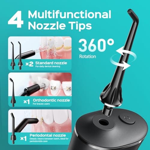 COSLUS C50 Portable Water Flosser for Teeth: 4 Modes & 5 Intensity Levels Professional Electric Dental Pick for Sensitive Gums, Braces & Orthodontic - Cordless for Travel Use, for Adults, BPA-Free 7