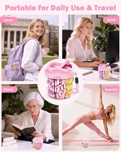 Cute Pill Organizer,Pill Dispenser with 7 Large Compartments,Portable Pill Bottle Box with Wide Opening for Easy Use, Anti-Mix Pills Organizer for Travel,Includes 20 Pcs Sticky Labels（Pink） 5