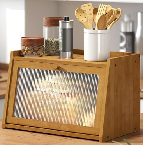 kiplant Bread Box for Kitchen Counter, Large Bamboo Bread Storage Container with Wavy Arcylic Door, Bamboo Wooden Farmhouse Bread Box for Your House (Brown, Medium)