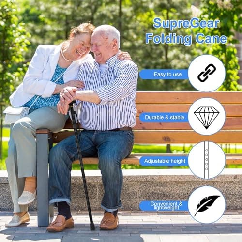 supregear Folding Cane, 5-Level Adjustable Height Walking Stick Lightweight Collapsible Portable Travel Cane with Wrist Strap and T Handle for Elderly Disabled Men Women, Black 6