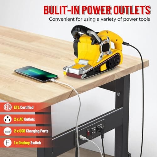 48" Adjustable Work Bench Garage Workbench with Power Outlets, 2200 Lbs Capacity Hardwood Top Work Bench Table Heavy-Duty Workbench for Garage, Workshop, Office, Home 5