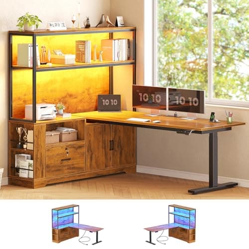 SEDETA 56.7" L Shaped Standing Desk, Reversible Computer Office Desk with Drawers & Hutch, Stand Up Corner Gaming Desks with LED Lights & Power Outlets for Home Office, Rustic Brown
