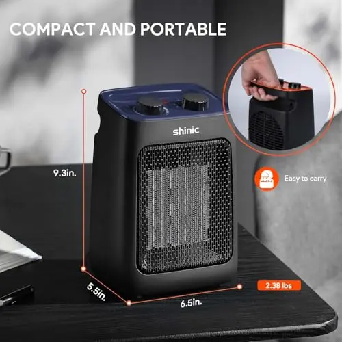 shinic Portable Space Heater with Thermostat, 1500W Small PTC Ceramic Office Heater for Indoor use, 2S Fast Heating, Overheat & Tip-Over Protection, ETL Listed for Home Pets (Dark Blue) 8