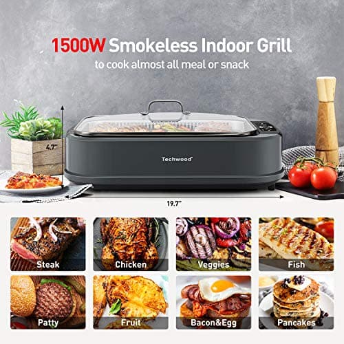 Indoor Grill, Techwood 1500W Smokeless Electric Grill with 2 in1 Nonstick Grill/Griddle Plates, Portable Korean BBQ Grill with 6-Level Control, Glass Lid, Dishwasher Safe, Double Plates, Gray 5