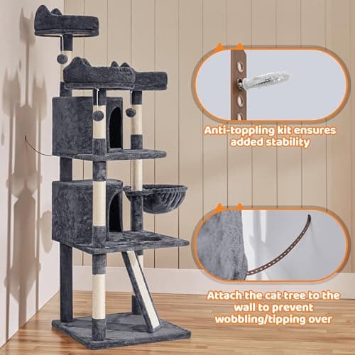 Yaheetech | 68.5in Cat Tree | for Large Cats | Multi-Level Cat Tower with 3 Wide Perches, Large Condo | Stable Pet Play House w/Sisal-Covered Scratching Posts & Board | Dark Gray 9