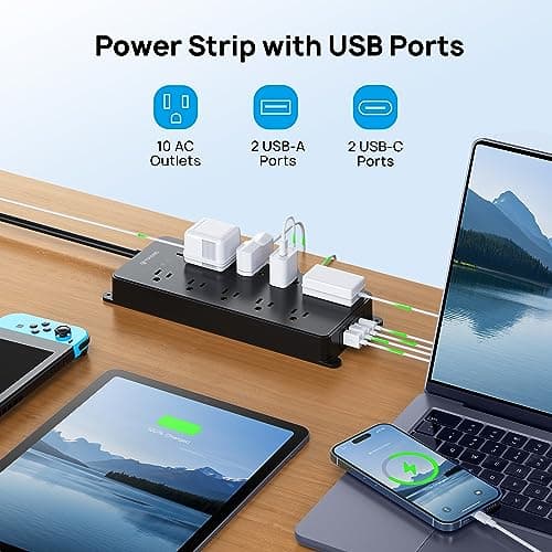 TROND Power Strip Surge Protector, 4000J, ETL Listed, 10 Widely Spaced Outlets with 2 USB A and 2 USB C, Flat Plug 5ft Extension Cord, Wall Mountable, 14AWG Heavy Duty, for Home Office Garage, Black 7