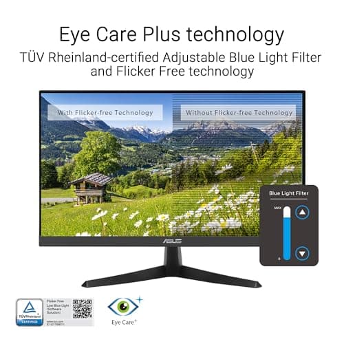 ASUS 22” (21.45" viewable) Eye Care Monitor (VY229HF) - Full HD, IPS, 100Hz, 1ms, SmoothMotion, Adaptive Sync, Eye Care Plus Technology, Blue Light Filter, Flicker Free, Tilt 3 yr Warranty 5