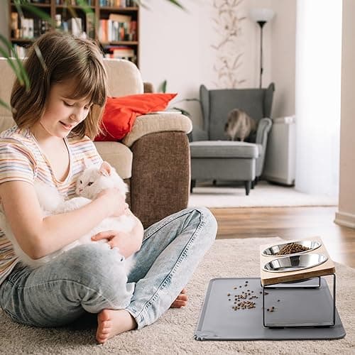 Upgraded Elevated Cat Bowls with Food Mat,15°Tilted Stand Anti Vomiting Raised Cat Dishes for Food and Water,2 Stainless Steel Bowls for Cats and Puppy 7