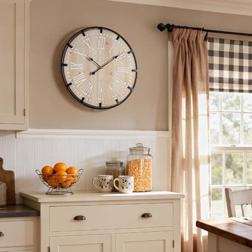 Vantic Farmhouse 24 Inch Extra Large Decorative Wall Clock with Metal Circle, Oversized Wood Wall Clock with Large Roman Numeral for Living Room, Bedrooms and Offices, Silent and Battery Operated 6