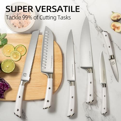 KnifeSaga Knife Set, Premium 15 Piece Japanese High Carbon Stainless Steel Knives Set for Kitchen with Block and Sharpener, Razor Sharp Kitchen Knife Block Sets with Ergonomic Full-tang Handle, White 6